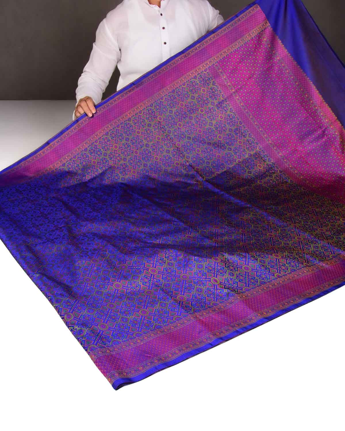 Royal Blue Traditional Patola Satin Jamawar Handwoven Katan Silk Saree-HolyWeaves