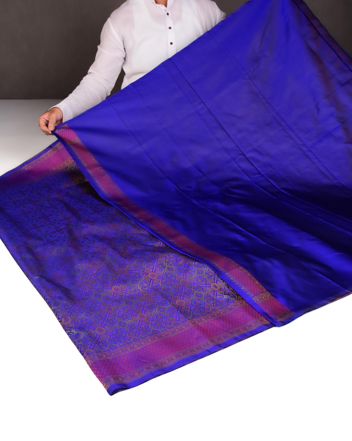 Royal Blue Traditional Patola Satin Jamawar Handwoven Katan Silk Saree-HolyWeaves