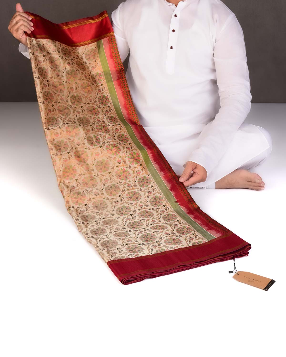 Beige Tehra Floral Satin Jamawar Handwoven Katan Silk Saree-HolyWeaves