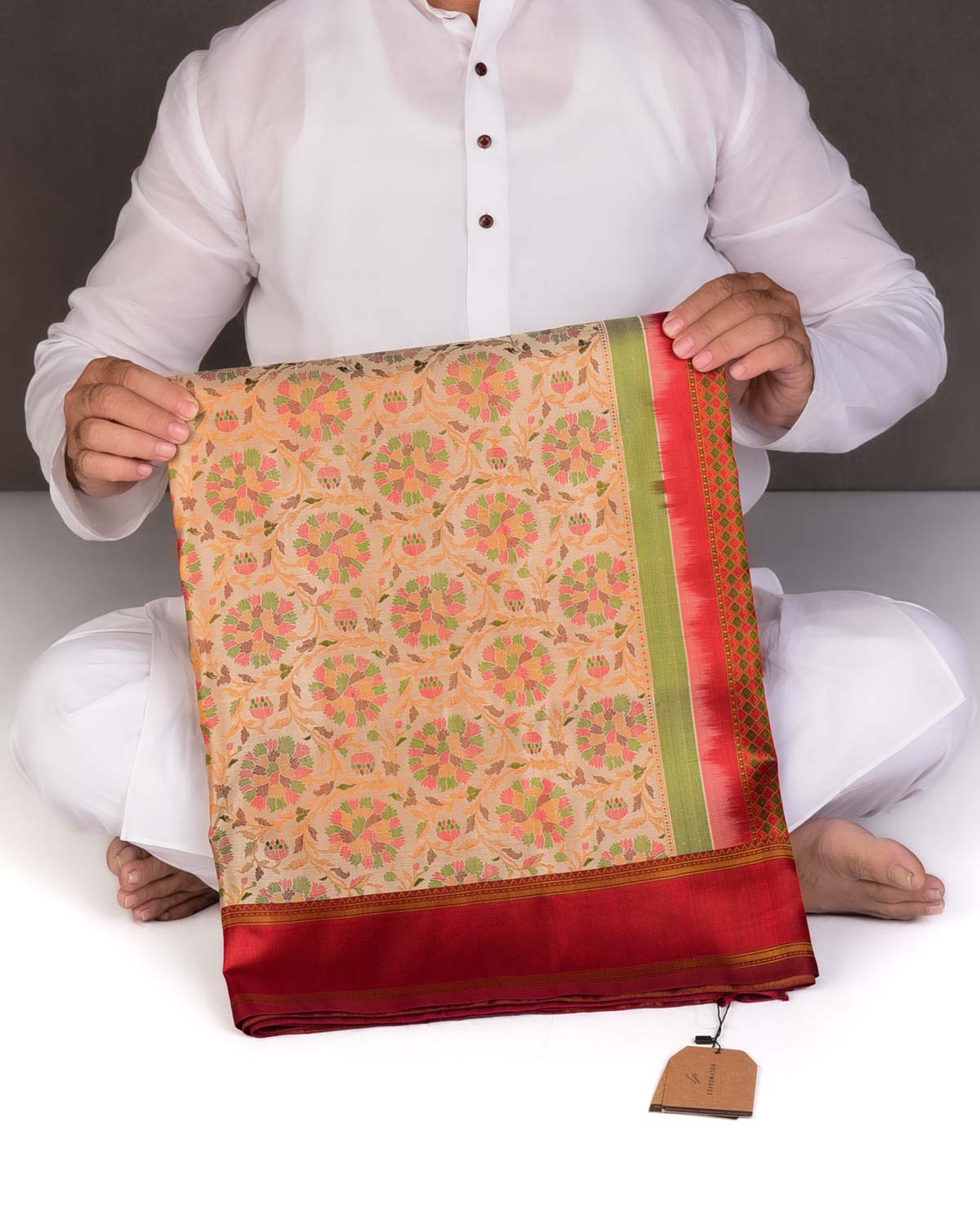 Beige Tehra Floral Satin Jamawar Handwoven Katan Silk Saree-HolyWeaves