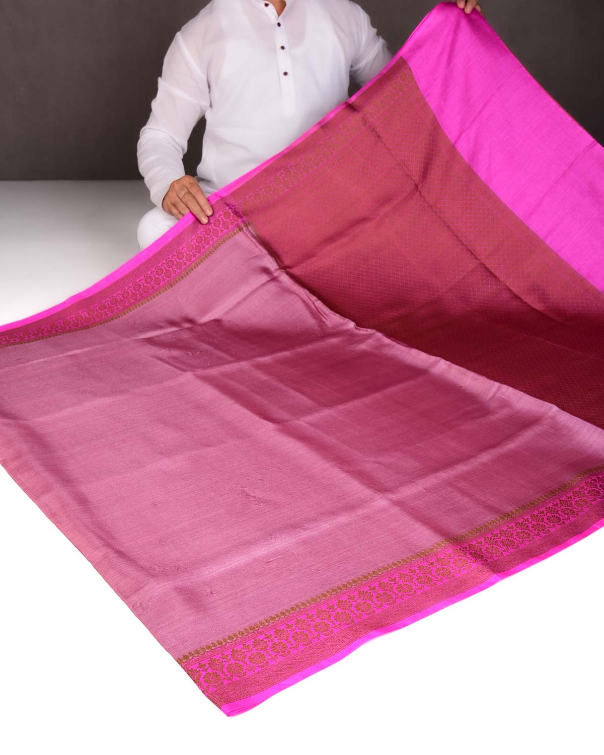 English Lavender Solid Woven Tasar Silk Saree with Contrast Border Pallu-HolyWeaves
