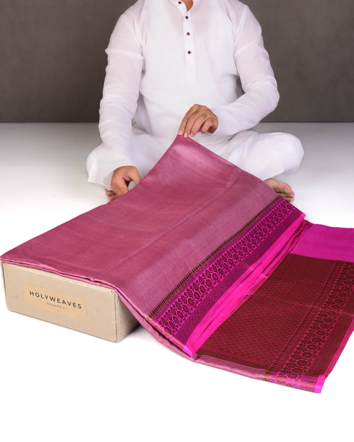 English Lavender Solid Woven Tasar Silk Saree with Contrast Border Pallu-HolyWeaves