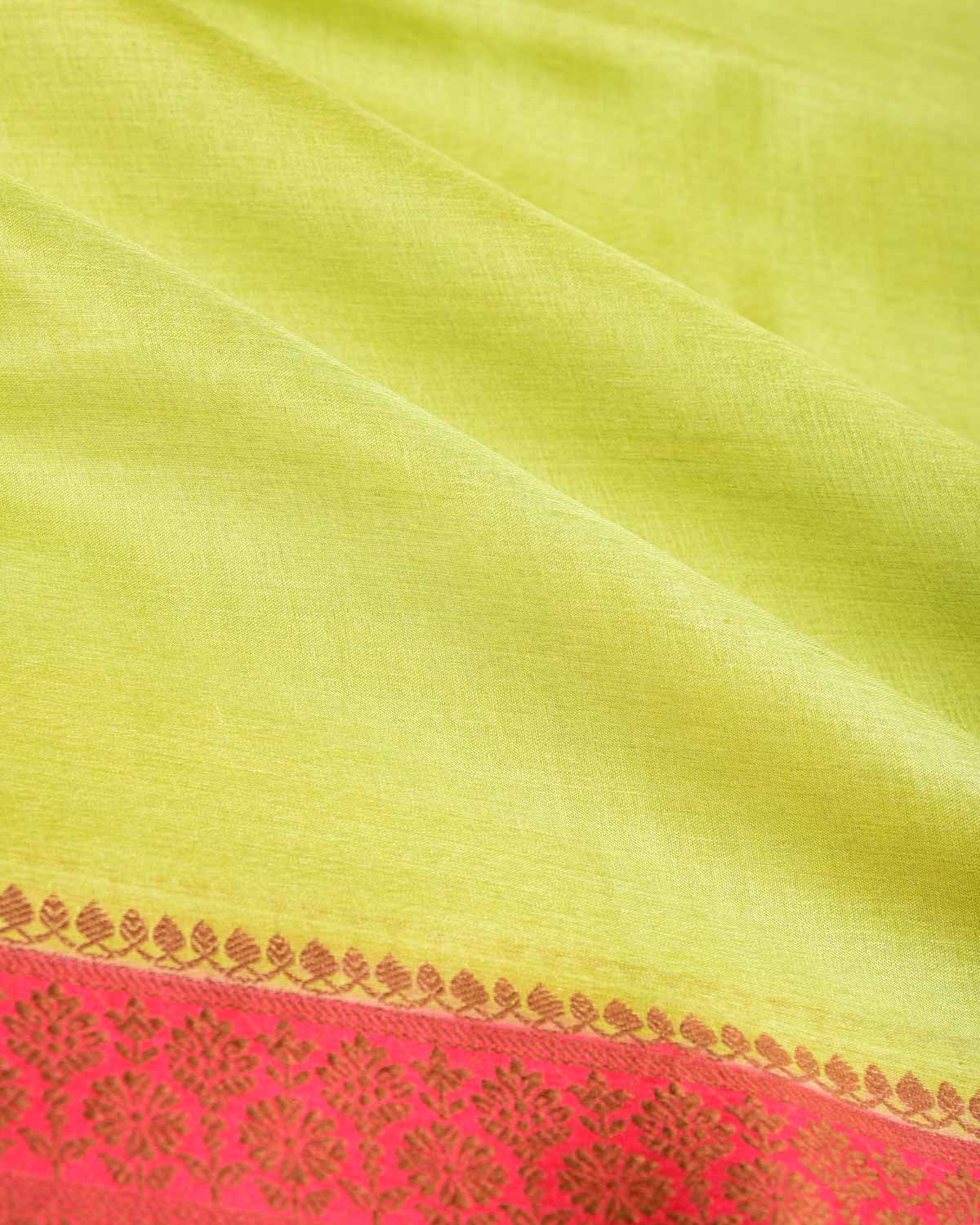 Lime Green Solid Woven Tasar Silk Saree with Contrast Border Pallu-HolyWeaves