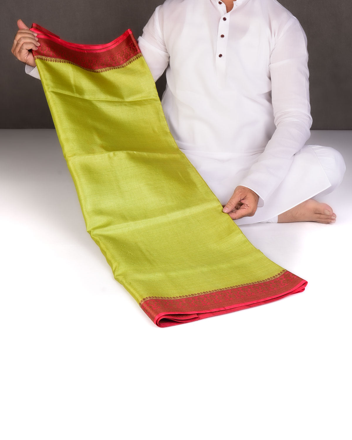 Lime Green Solid Woven Tasar Silk Saree with Contrast Border Pallu-HolyWeaves