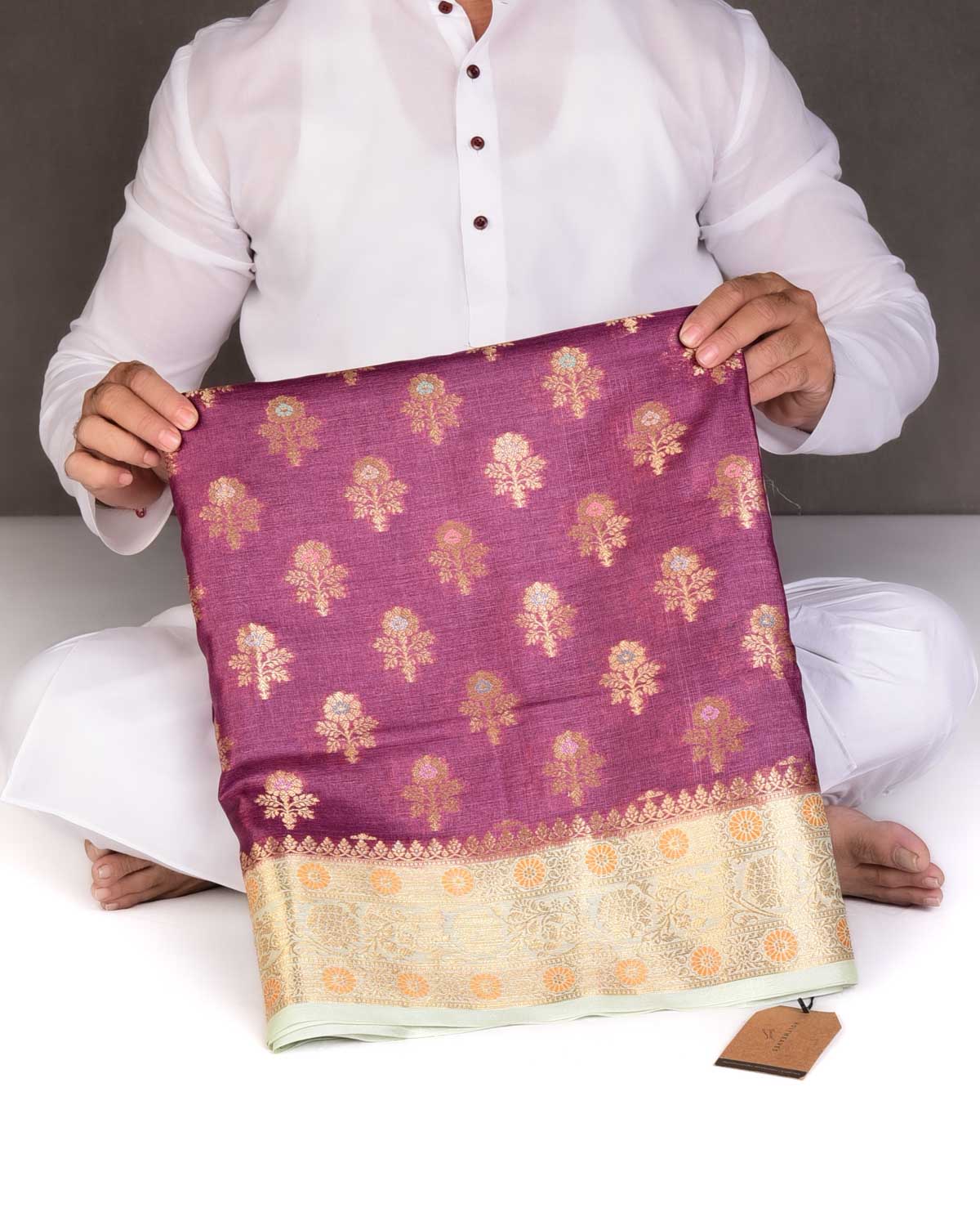 Garnet Alfi Zari & Meenekari Buti Cutwork Brocade Woven Tasar Silk Saree with Contrast Border Pallu-HolyWeaves