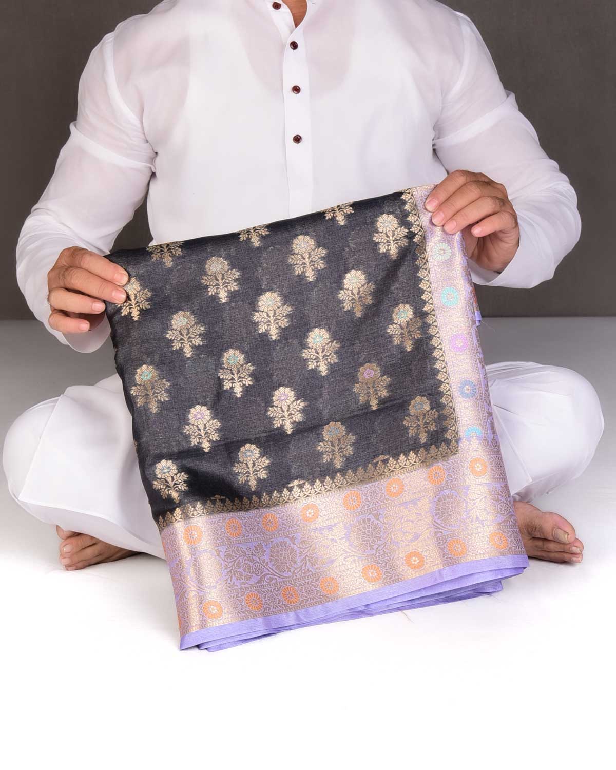 Black Alfi Zari & Meenekari Buti Cutwork Brocade Woven Tasar Silk Saree with Contrast Border Pallu-HolyWeaves