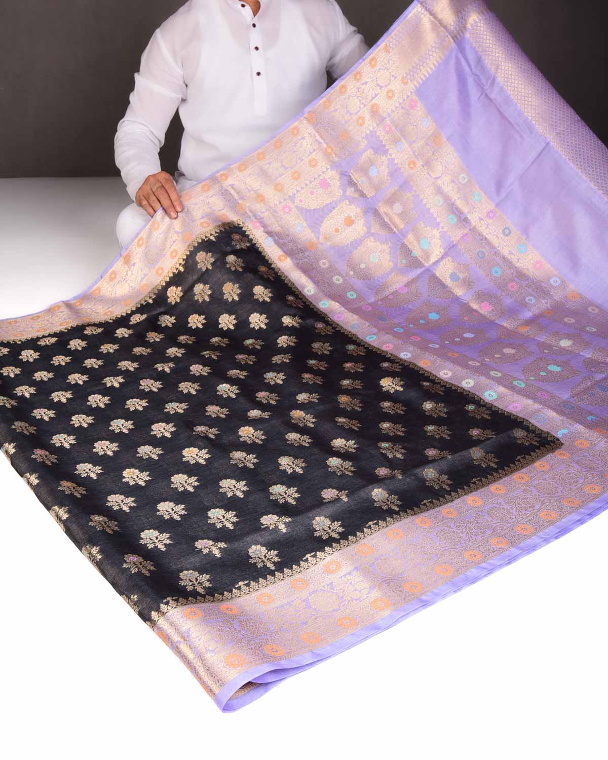 Black Alfi Zari & Meenekari Buti Cutwork Brocade Woven Tasar Silk Saree with Contrast Border Pallu-HolyWeaves