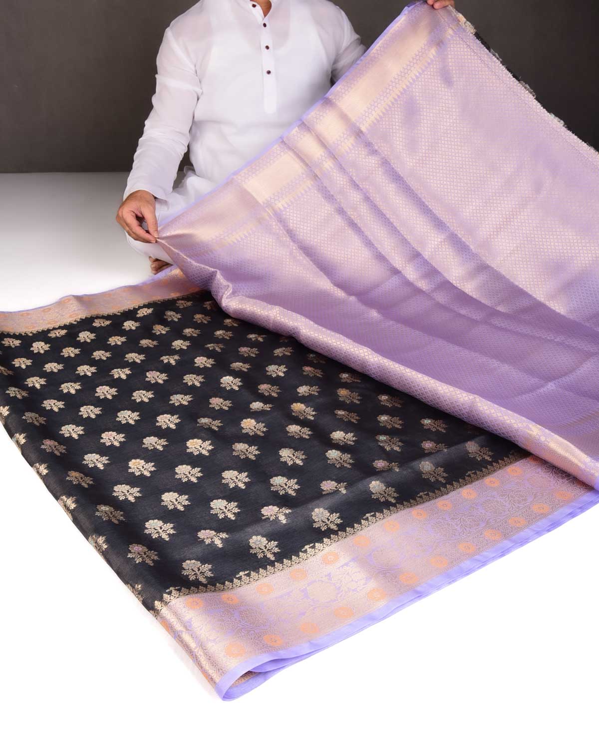 Black Alfi Zari & Meenekari Buti Cutwork Brocade Woven Tasar Silk Saree with Contrast Border Pallu-HolyWeaves