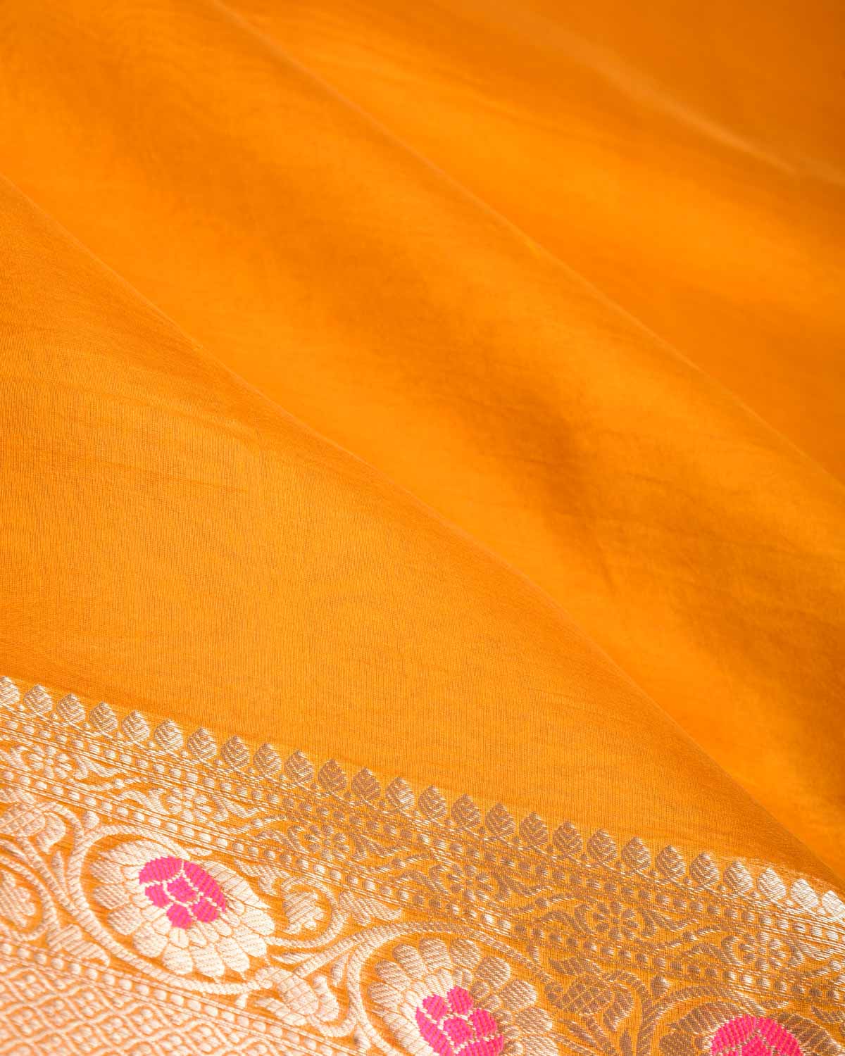 Mustard Yellow Cutwork Brocade Woven Kora Silk Saree with Gold Zari and Meenkari Border Pallu-HolyWeaves