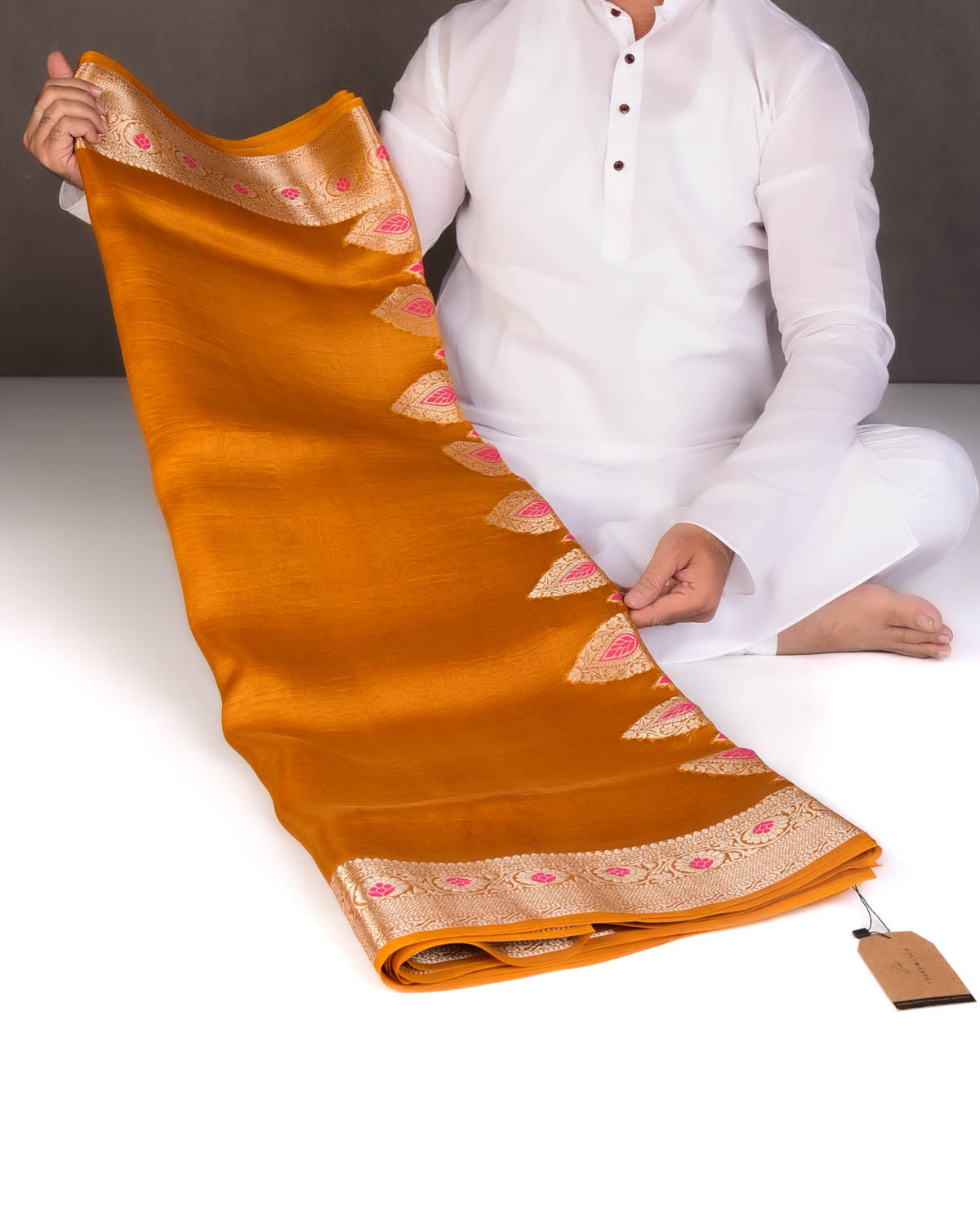 Mustard Yellow Cutwork Brocade Woven Kora Silk Saree with Gold Zari and Meenkari Border Pallu-HolyWeaves