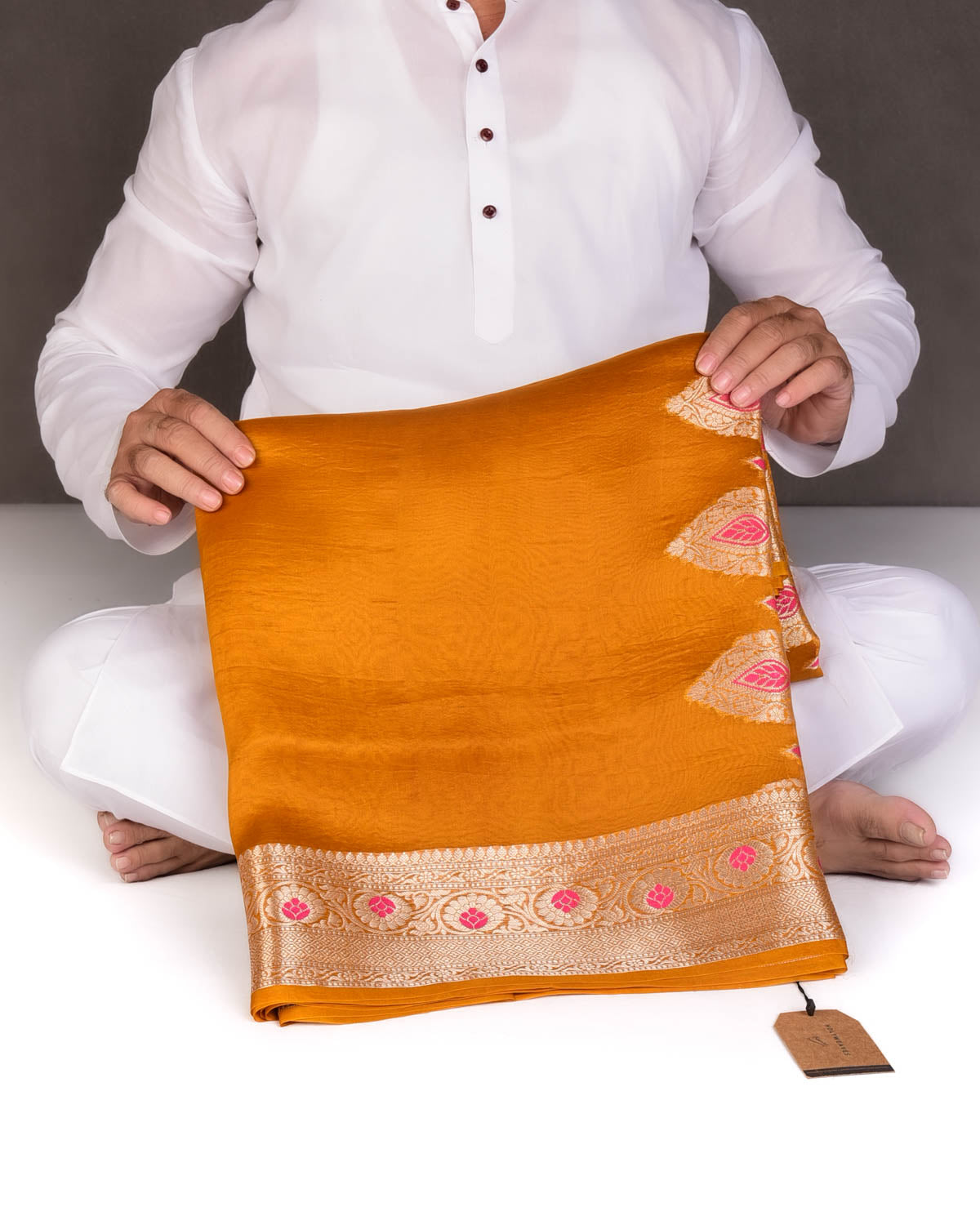 Mustard Yellow Cutwork Brocade Woven Kora Silk Saree with Gold Zari and Meenkari Border Pallu-HolyWeaves