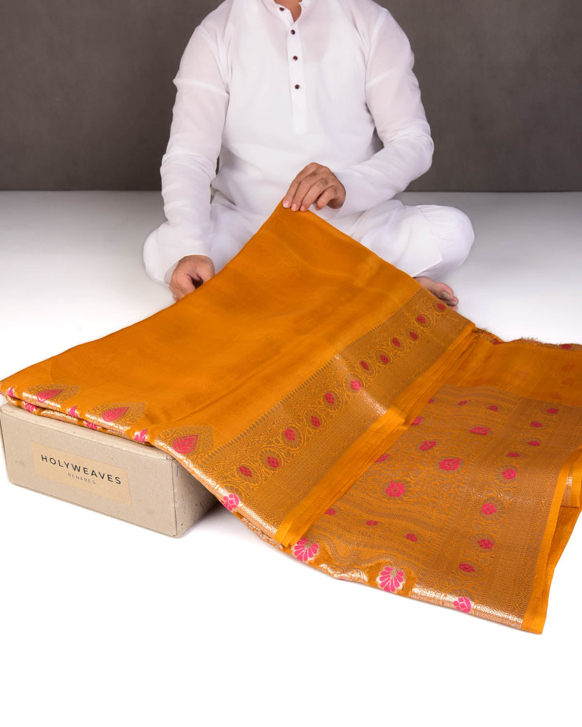 Mustard Yellow Cutwork Brocade Woven Kora Silk Saree with Gold Zari and Meenkari Border Pallu-HolyWeaves