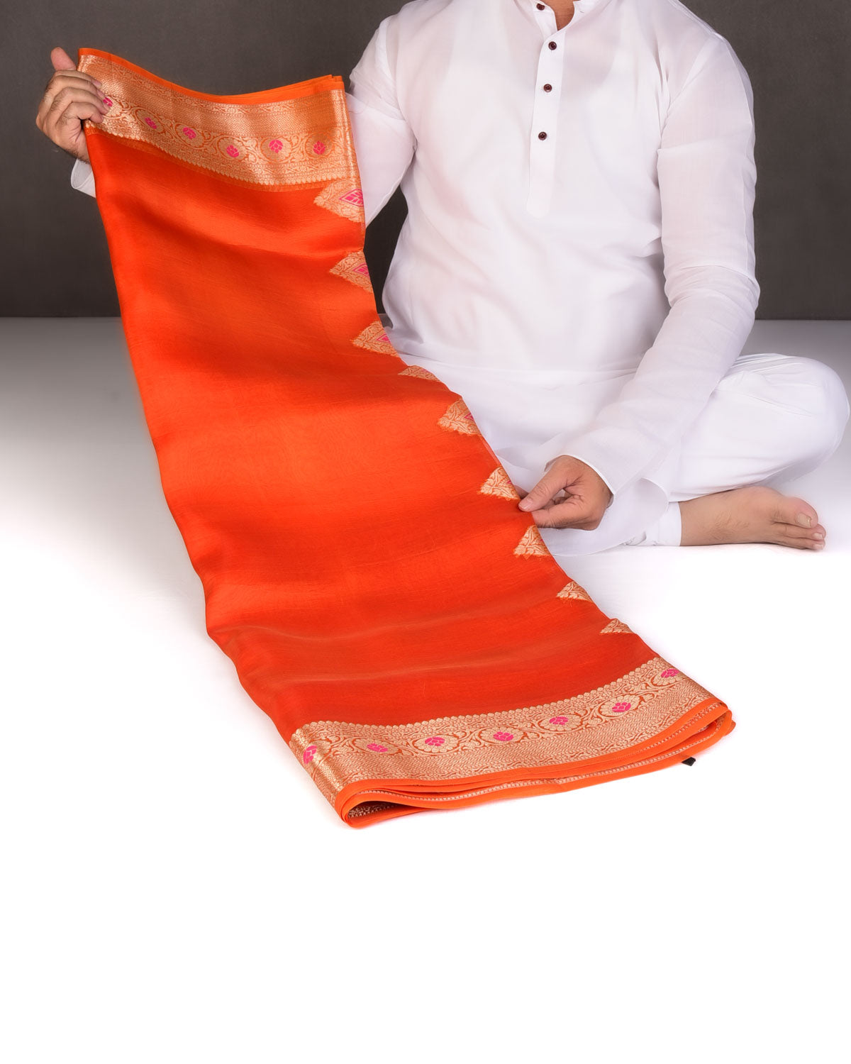 Orange Cutwork Brocade Woven Kora Silk Saree with Gold Zari and Meenkari Border Pallu-HolyWeaves
