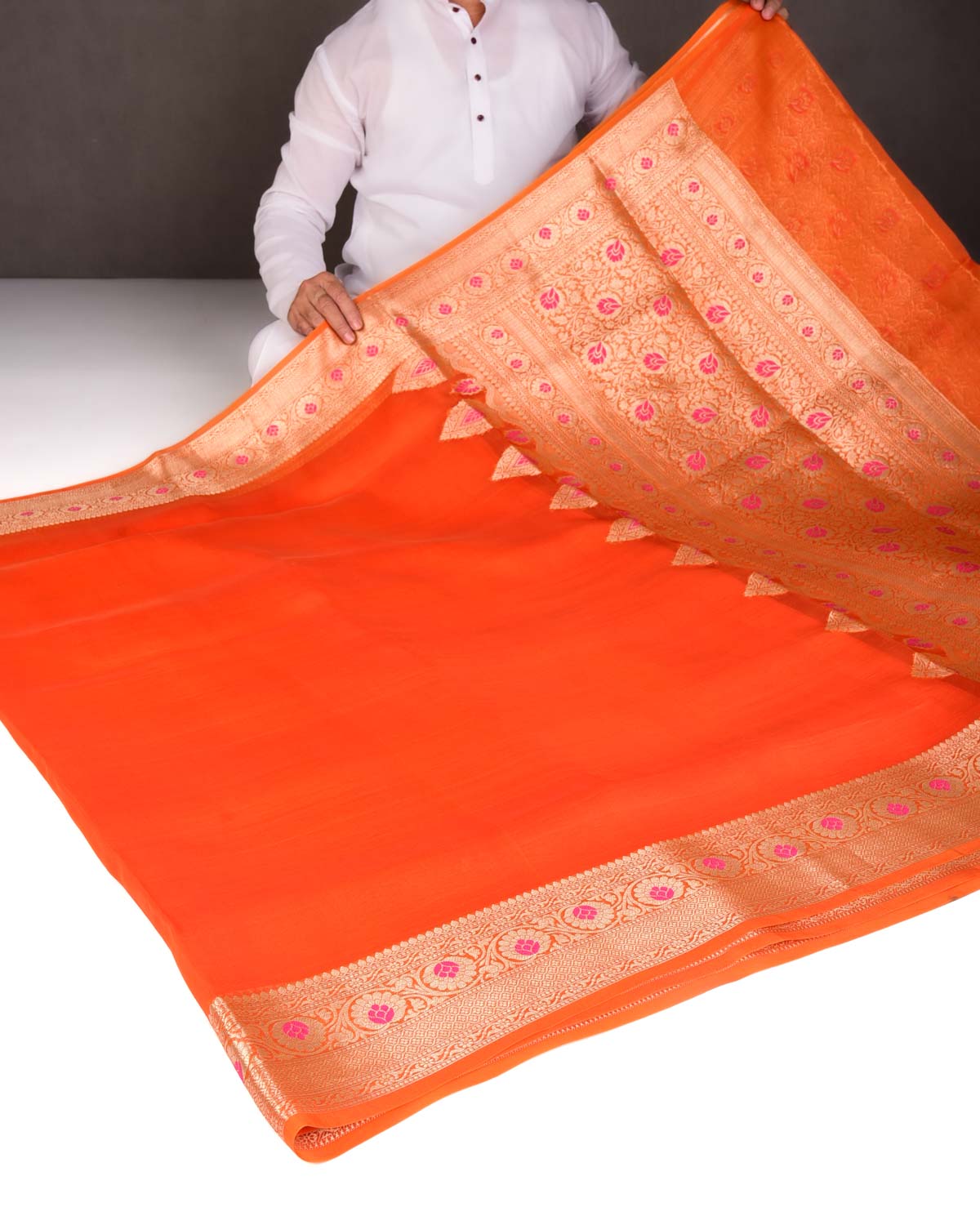 Orange Cutwork Brocade Woven Kora Silk Saree with Gold Zari and Meenkari Border Pallu-HolyWeaves