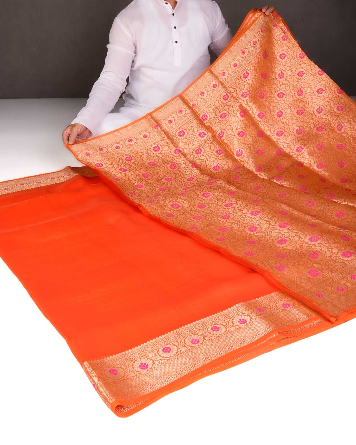 Orange Cutwork Brocade Woven Kora Silk Saree with Gold Zari and Meenkari Border Pallu-HolyWeaves