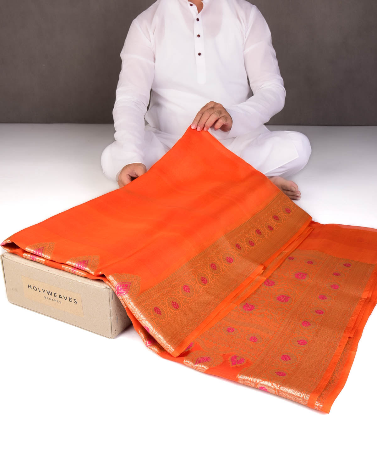 Orange Cutwork Brocade Woven Kora Silk Saree with Gold Zari and Meenkari Border Pallu-HolyWeaves