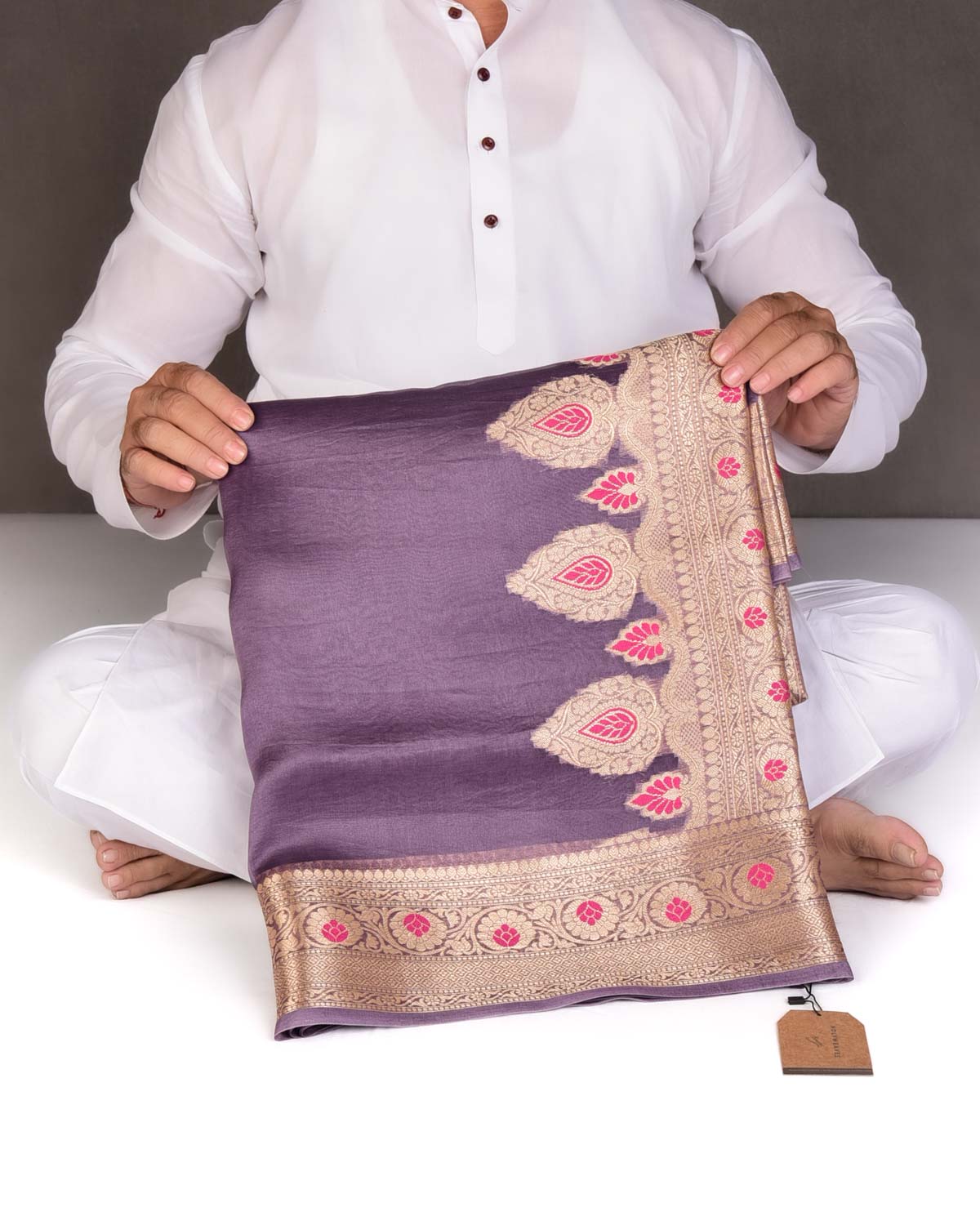 French Lilac Cutwork Brocade Woven Kora Silk Saree with Gold Zari and Meenkari Border Pallu-HolyWeaves