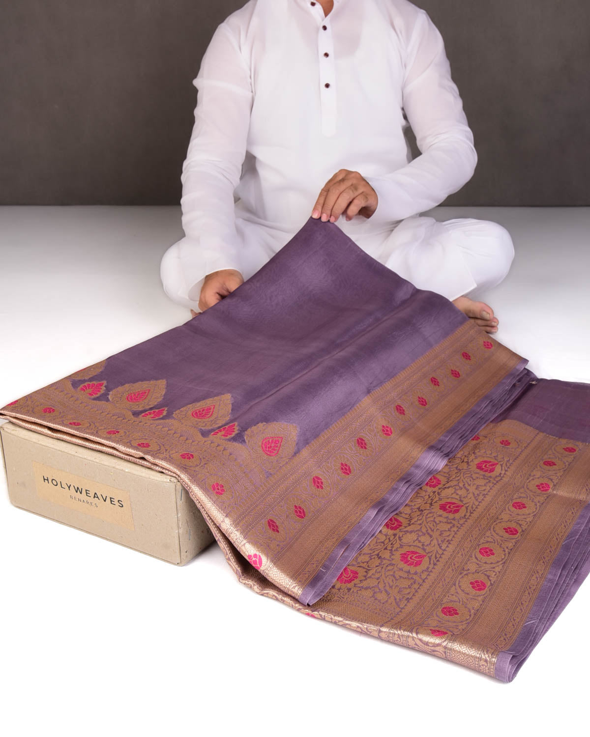French Lilac Cutwork Brocade Woven Kora Silk Saree with Gold Zari and Meenkari Border Pallu-HolyWeaves