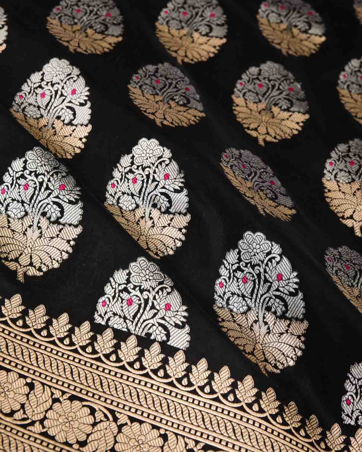 Black Alfi Gold & Silver Zari Buta Cutwork Brocade Handwoven Katan Silk Banarasi Saree-HolyWeaves