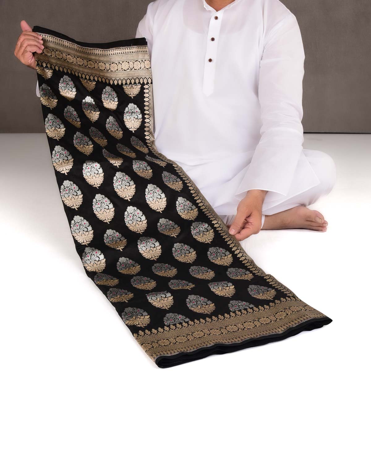 Black Alfi Gold & Silver Zari Buta Cutwork Brocade Handwoven Katan Silk Banarasi Saree