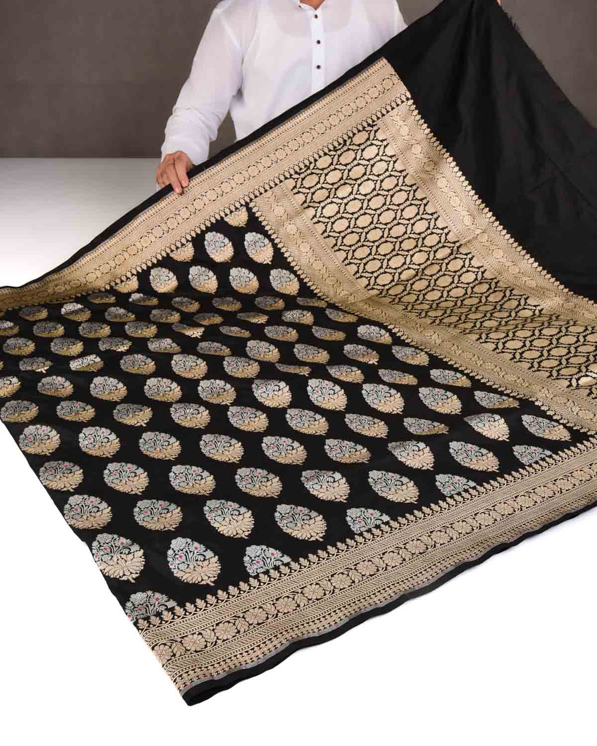 Black Alfi Gold & Silver Zari Buta Cutwork Brocade Handwoven Katan Silk Banarasi Saree