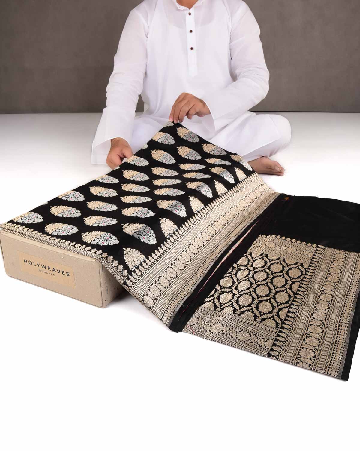 Black Alfi Gold & Silver Zari Buta Cutwork Brocade Handwoven Katan Silk Banarasi Saree-HolyWeaves