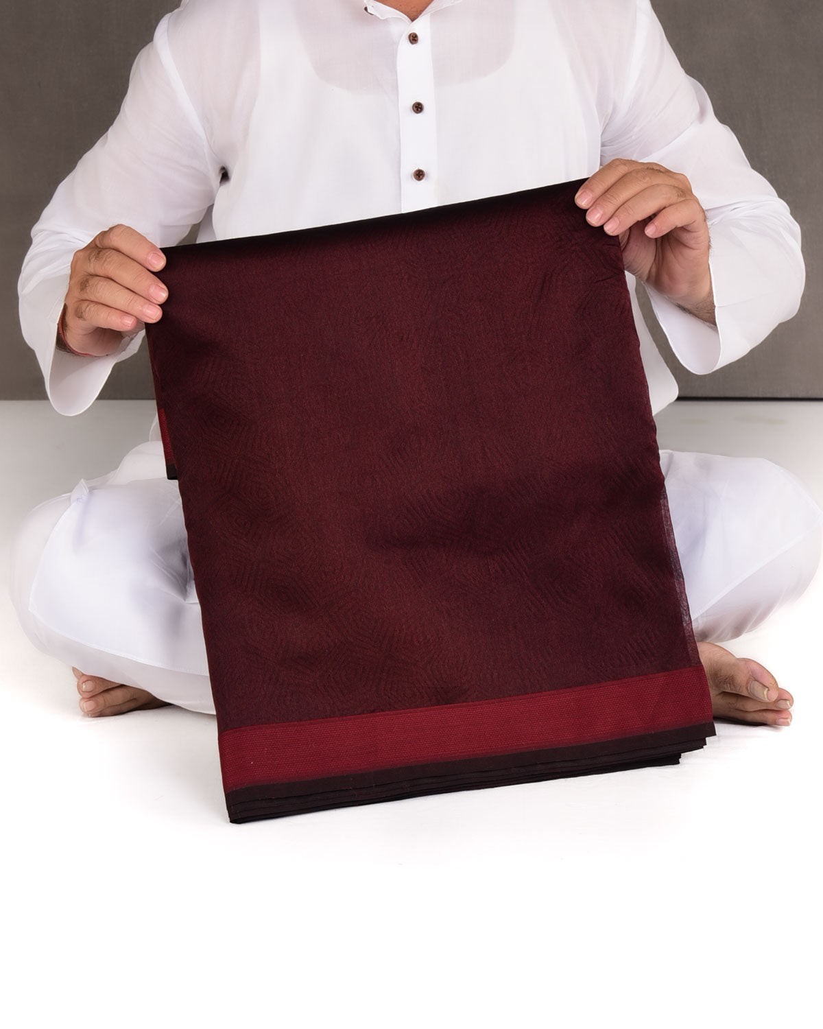 Sangria Maroon WATERMARK Illusion Honeycomb Handwoven Handwoven Kora Silk Banarasi Saree-HolyWeaves