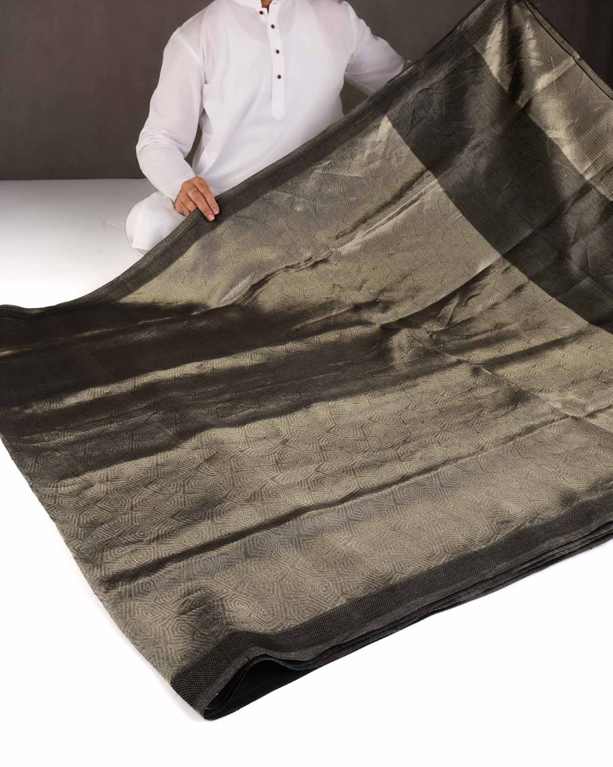 Metallic Silver WATERMARK Illusion Honeycomb Handwoven Handwoven Kora Tissue Banarasi Saree-HolyWeaves