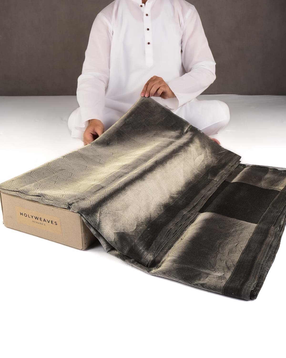 Metallic Silver WATERMARK Illusion Honeycomb Handwoven Handwoven Kora Tissue Banarasi Saree-HolyWeaves
