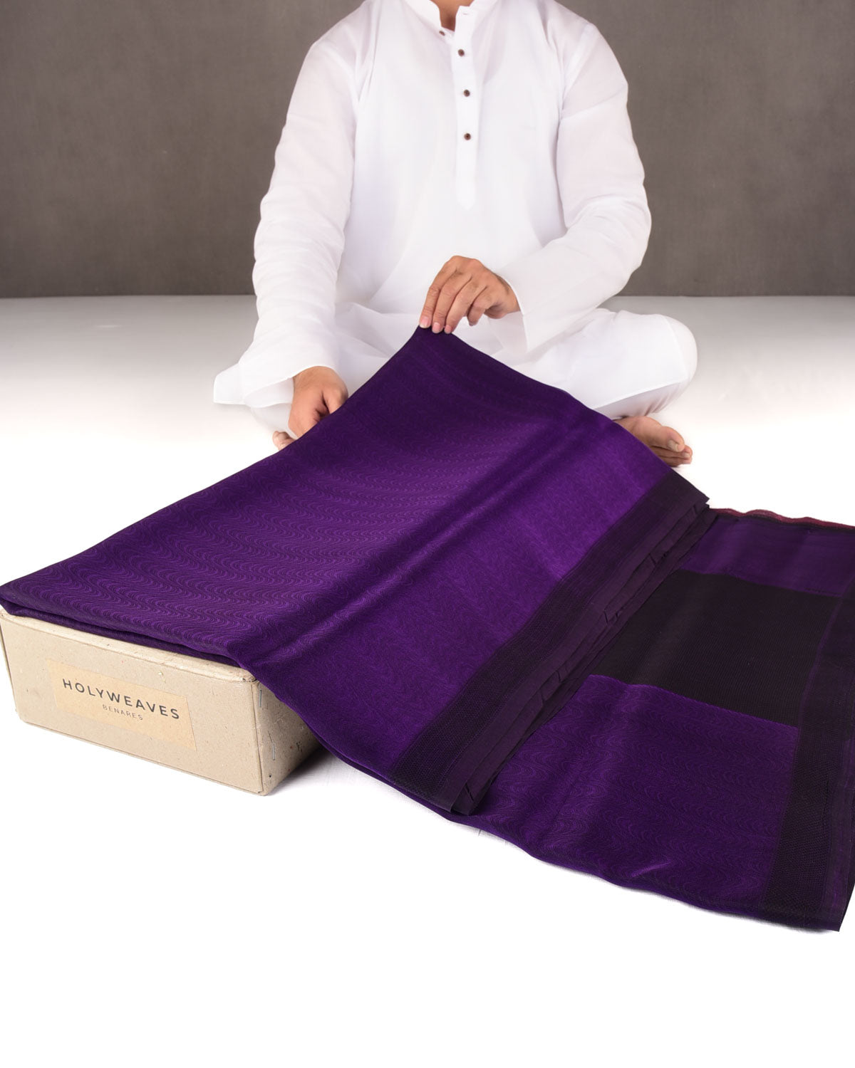 Purple WATERMARK Illusion Waves Tanchoi Handwoven Kora Silk Banarasi Saree-HolyWeaves