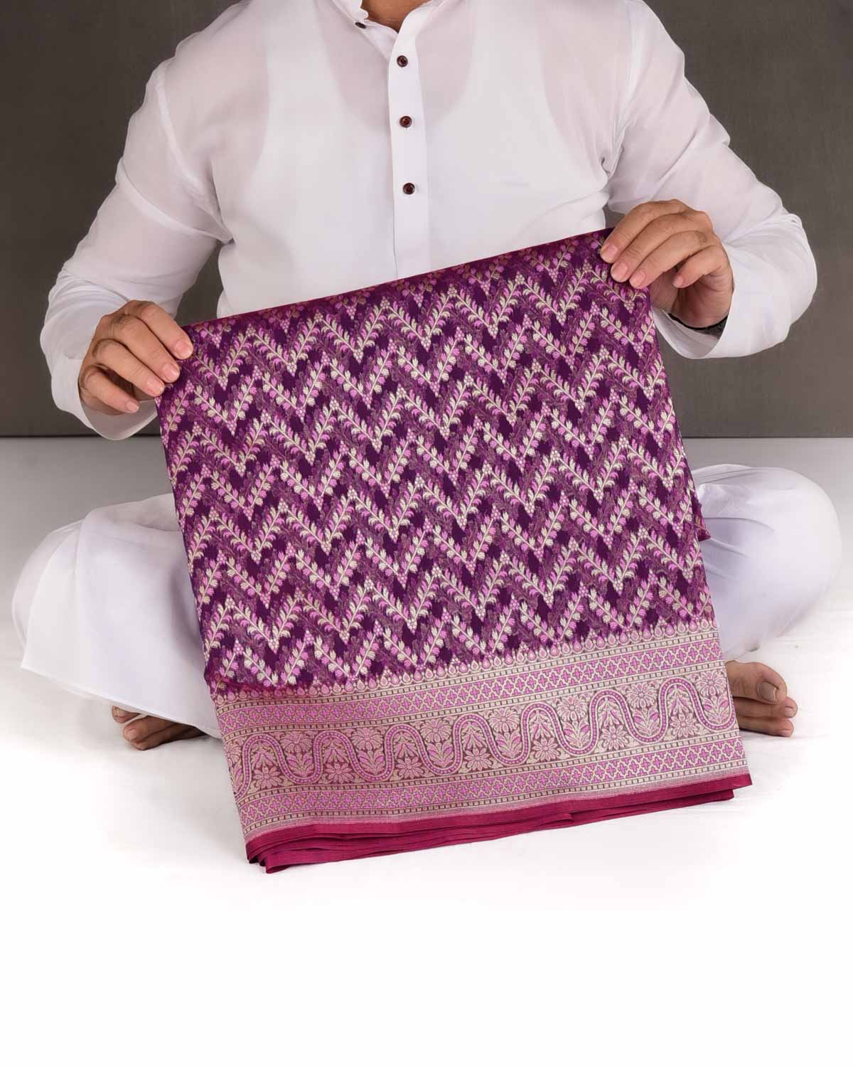 Pink On Magenta Chevron Gold Zari Cutwork Brocade Woven Cotton Silk Banarasi Saree-HolyWeaves