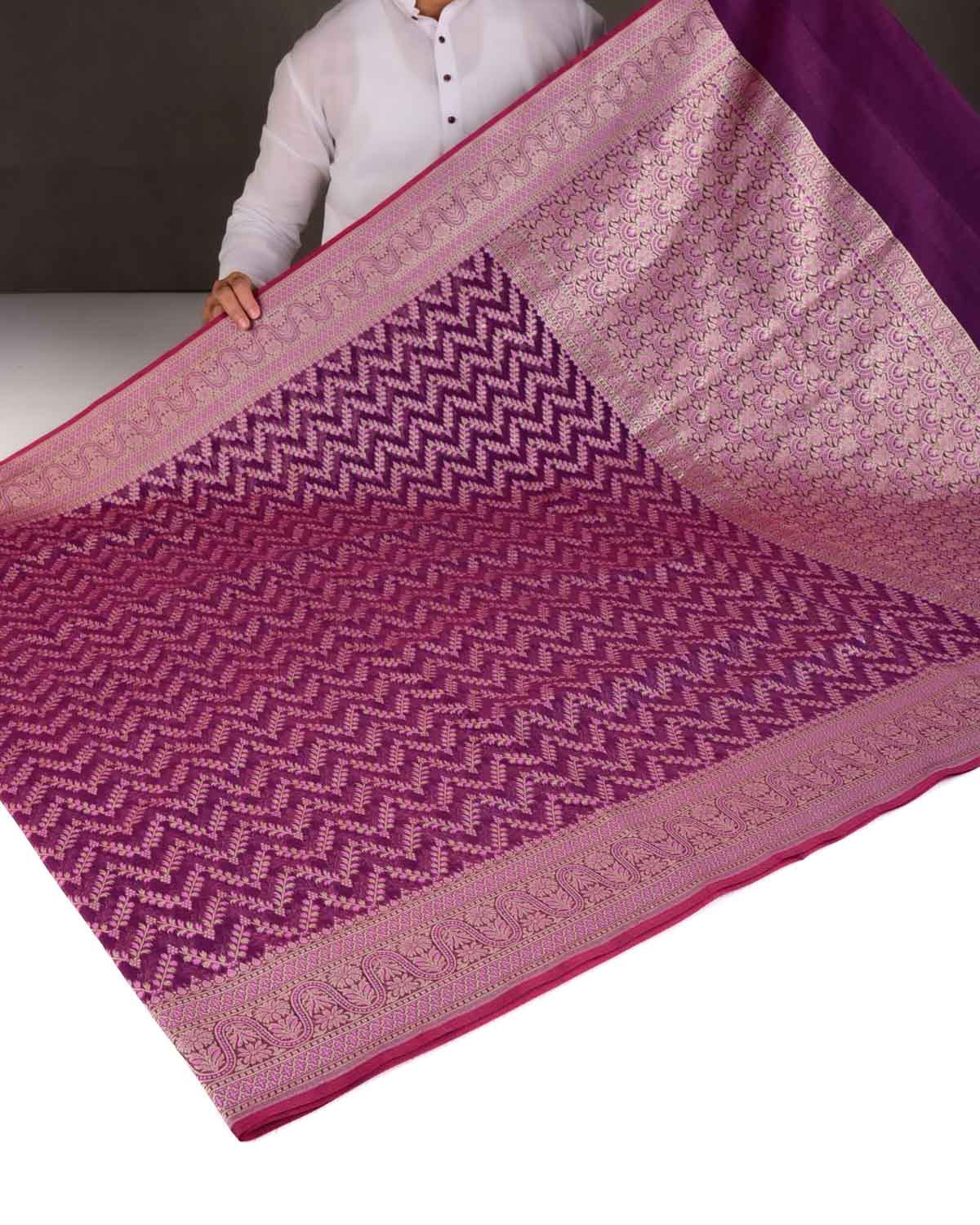 Pink On Magenta Chevron Gold Zari Cutwork Brocade Woven Cotton Silk Banarasi Saree-HolyWeaves