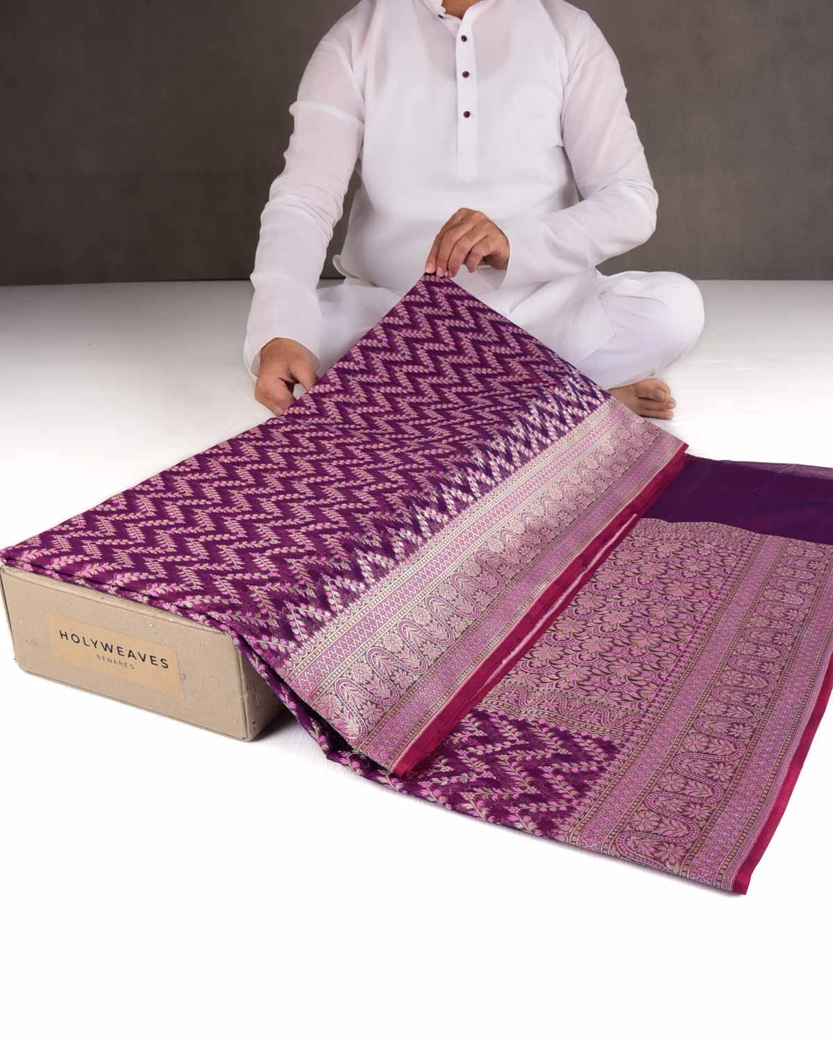 Pink On Magenta Chevron Gold Zari Cutwork Brocade Woven Cotton Silk Banarasi Saree-HolyWeaves