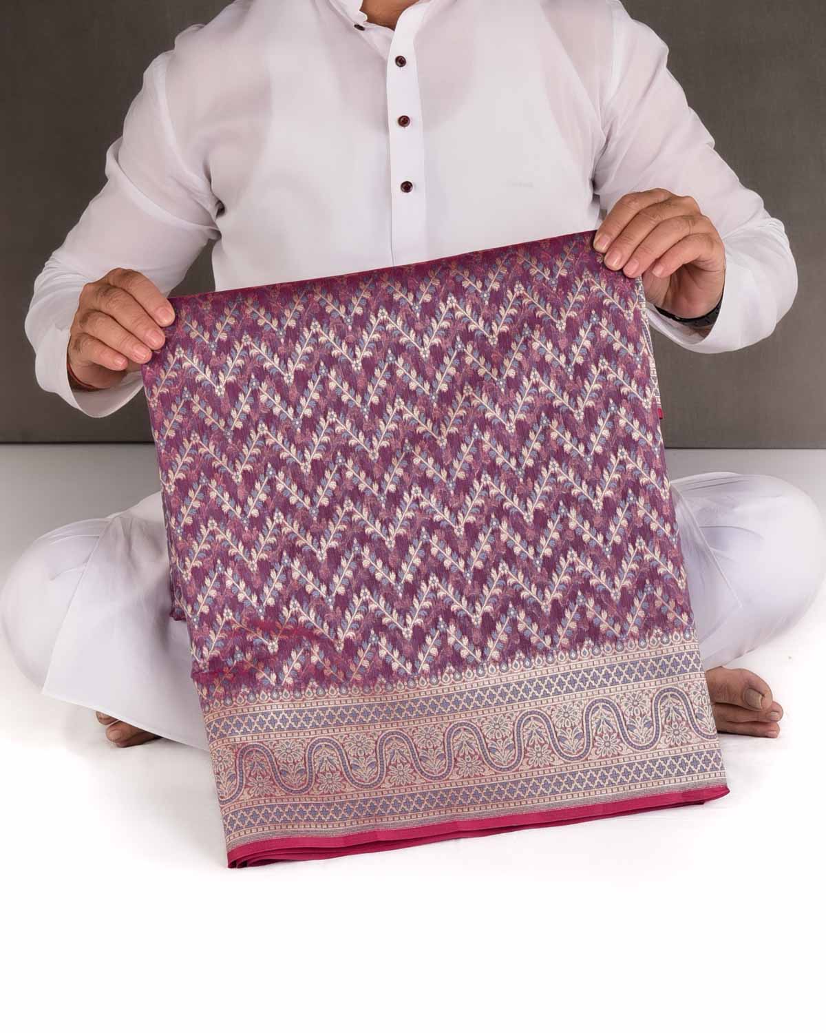 Gray On Magenta Chevron Gold Zari Cutwork Brocade Woven Cotton Silk Banarasi Saree-HolyWeaves