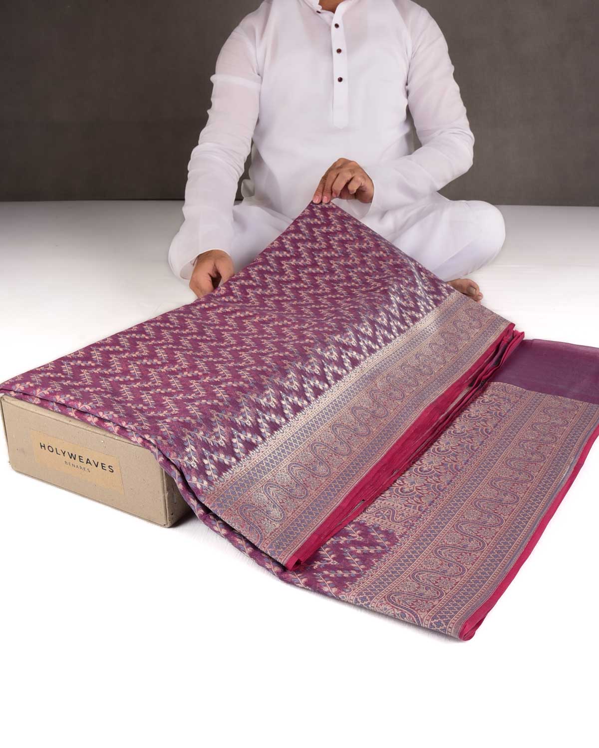 Gray On Magenta Chevron Gold Zari Cutwork Brocade Woven Cotton Silk Banarasi Saree-HolyWeaves