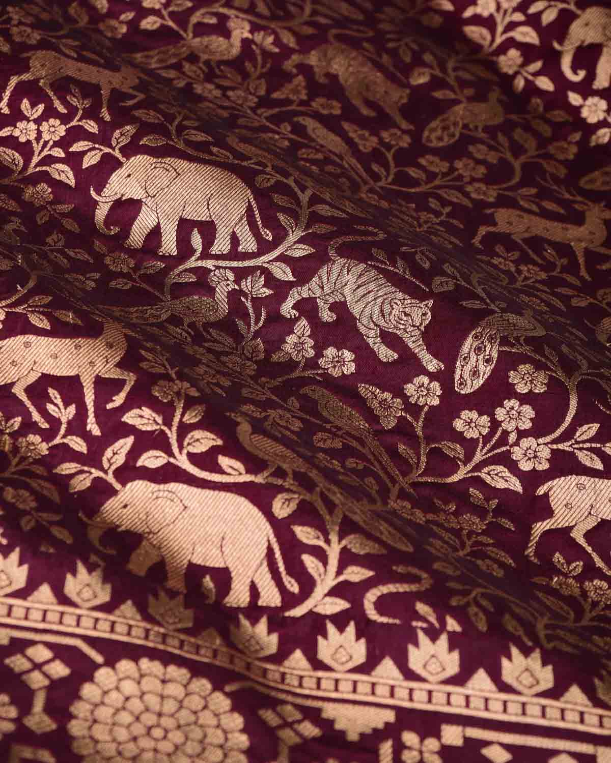 Burgundy Shikargah Cutwork Brocade Handwoven Katan Silk Banarasi Saree