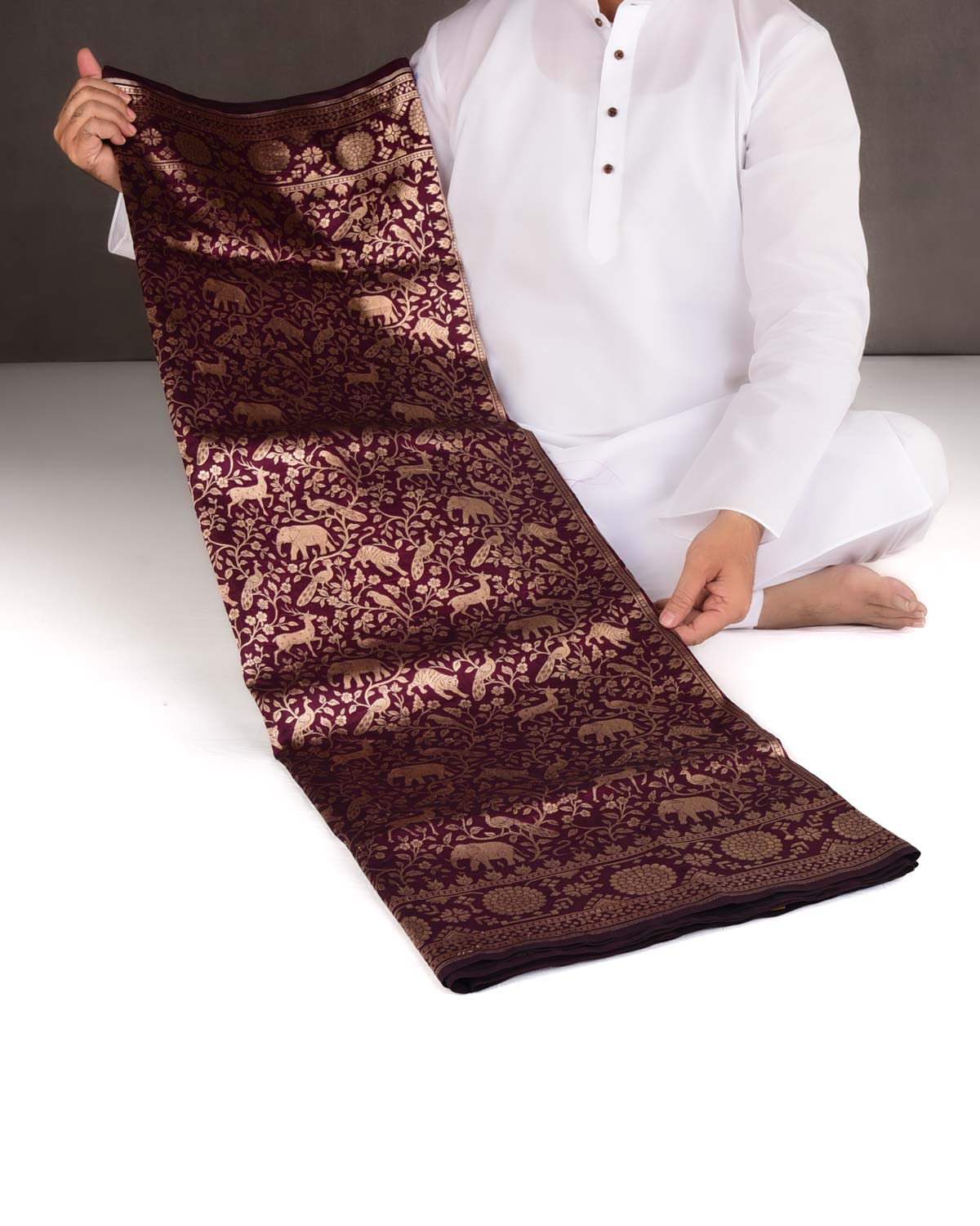Burgundy Shikargah Cutwork Brocade Handwoven Katan Silk Banarasi Saree