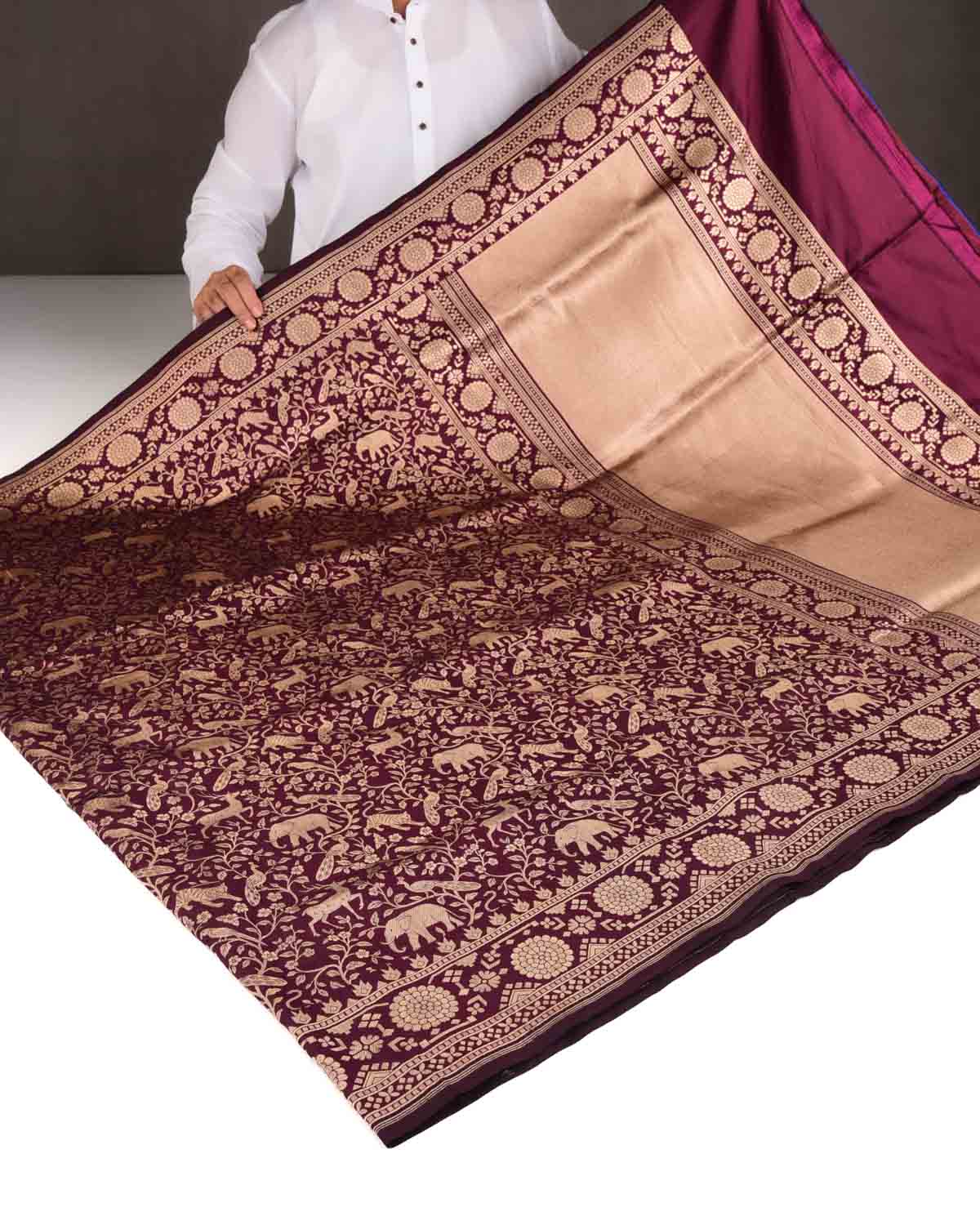 Burgundy Shikargah Cutwork Brocade Handwoven Katan Silk Banarasi Saree