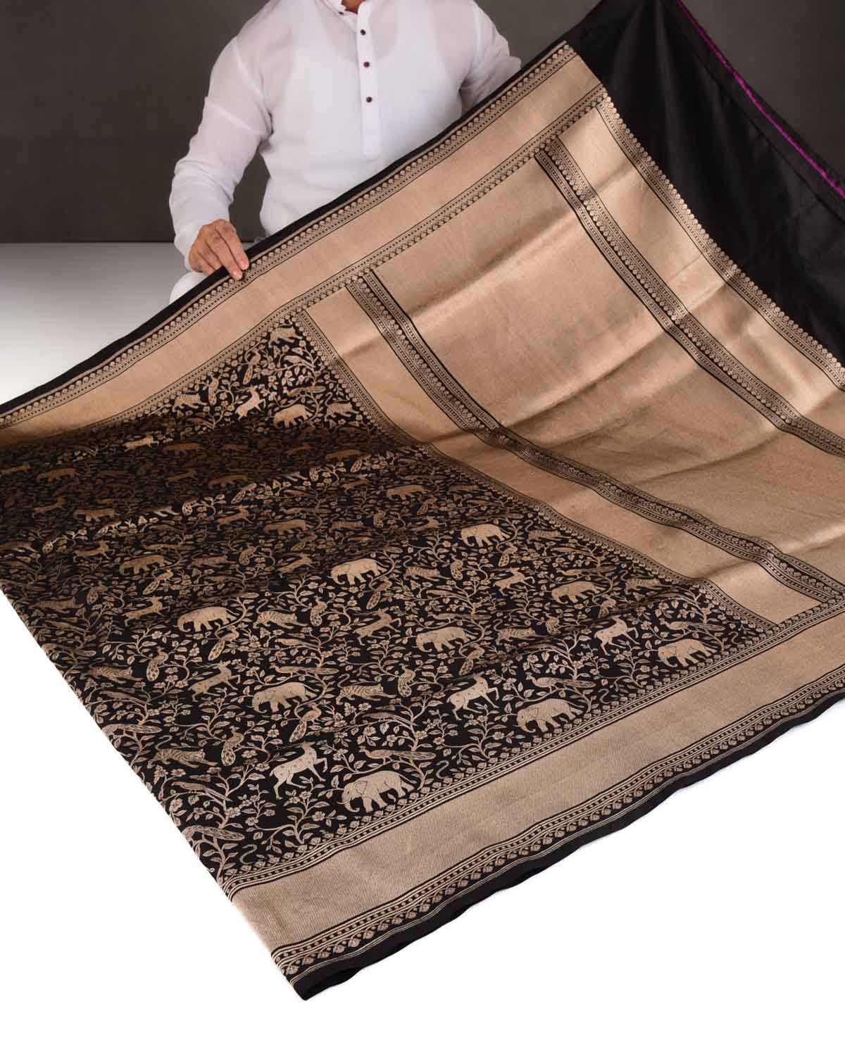 Black Shikargah Cutwork Brocade Handwoven Katan Silk Banarasi Saree-HolyWeaves