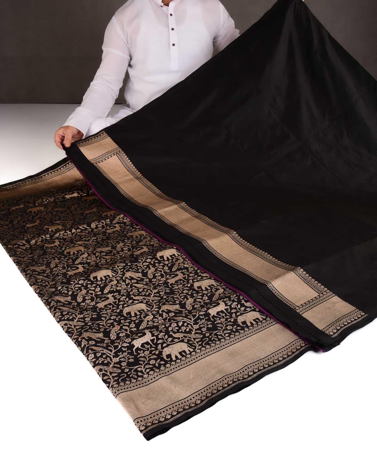 Black Shikargah Cutwork Brocade Handwoven Katan Silk Banarasi Saree-HolyWeaves