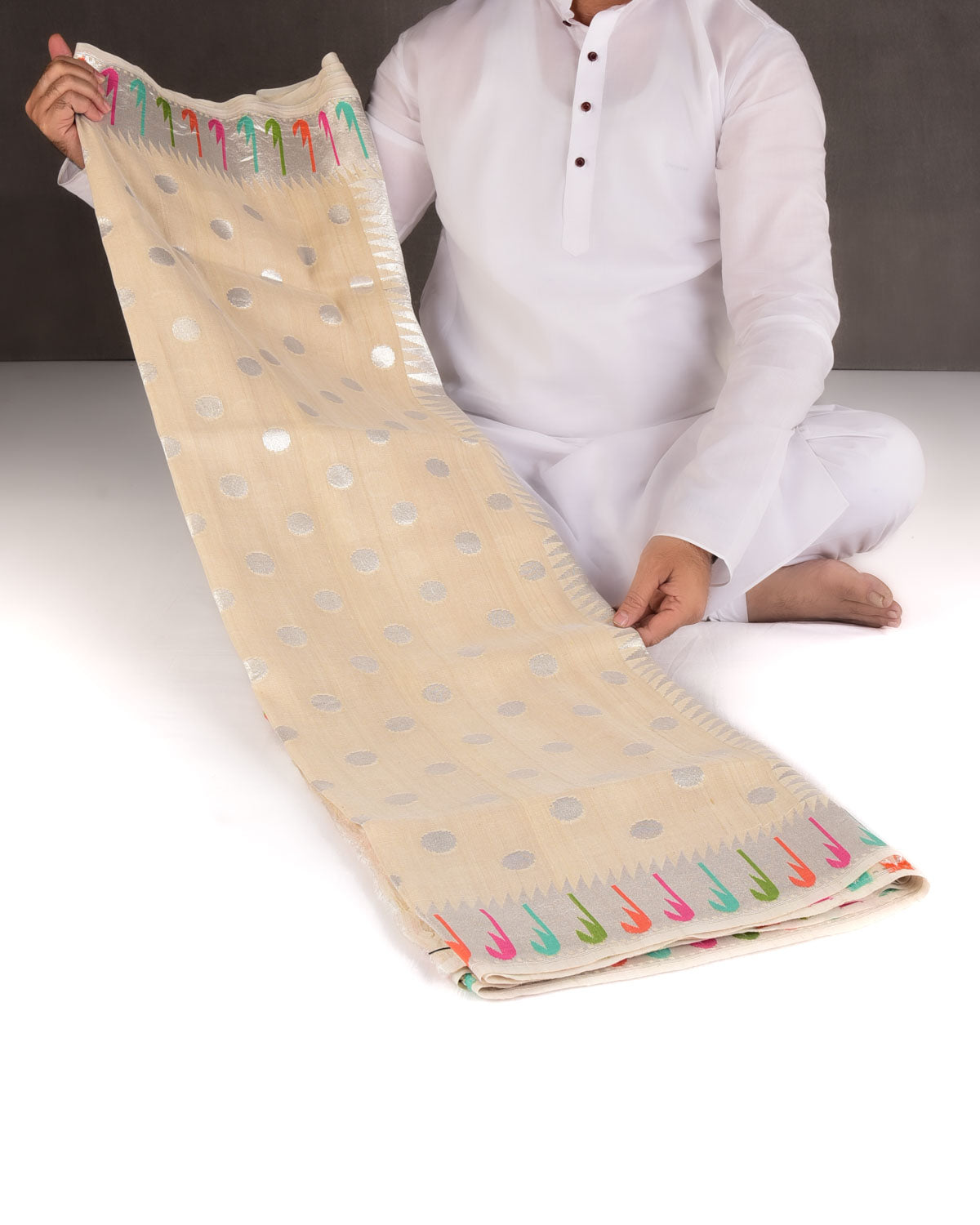 Beige Silver Zari Polka Buti Cutwork Brocade Handwoven Tasar Georgette Banarasi Saree with Meenekari Chhadi Border Pallu-HolyWeaves