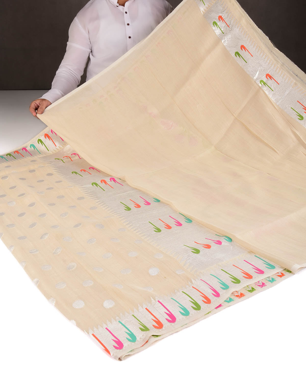 Beige Silver Zari Polka Buti Cutwork Brocade Handwoven Tasar Georgette Banarasi Saree with Meenekari Chhadi Border Pallu-HolyWeaves