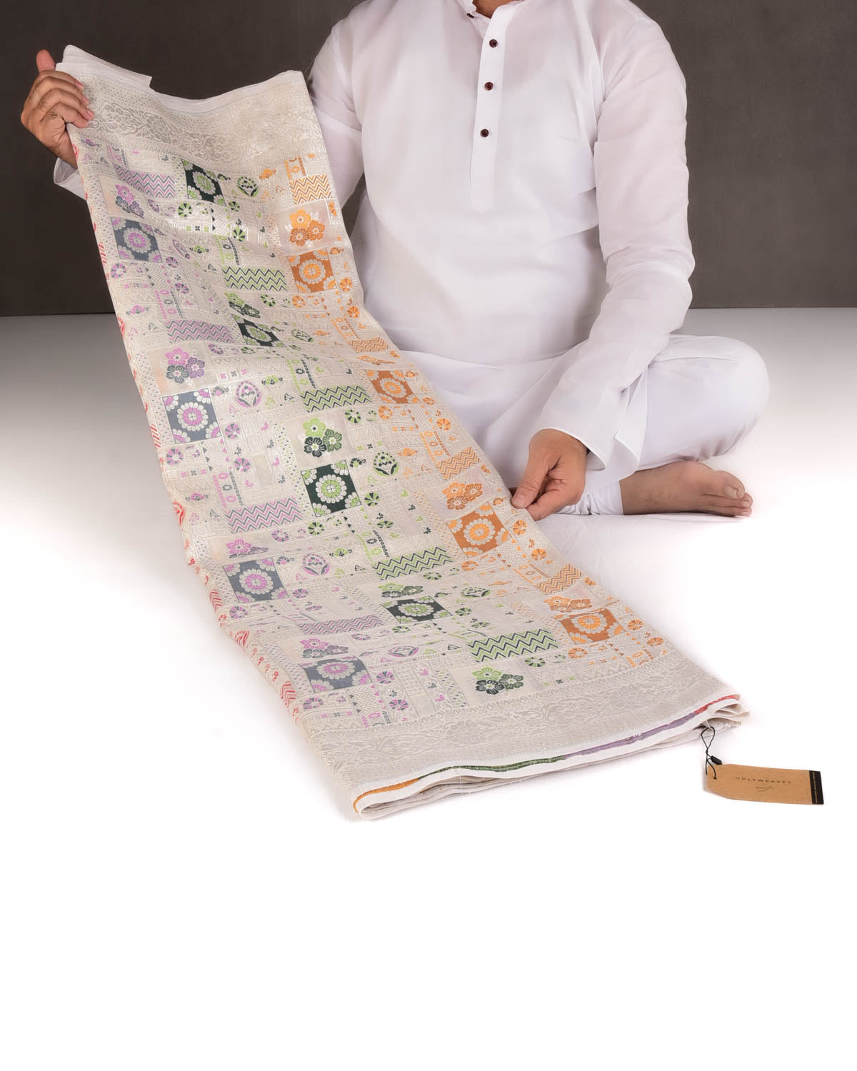 Beige Silver Zari & Resham Grids Cutwork Brocade Handwoven Tasar Georgette Banarasi Saree-HolyWeaves