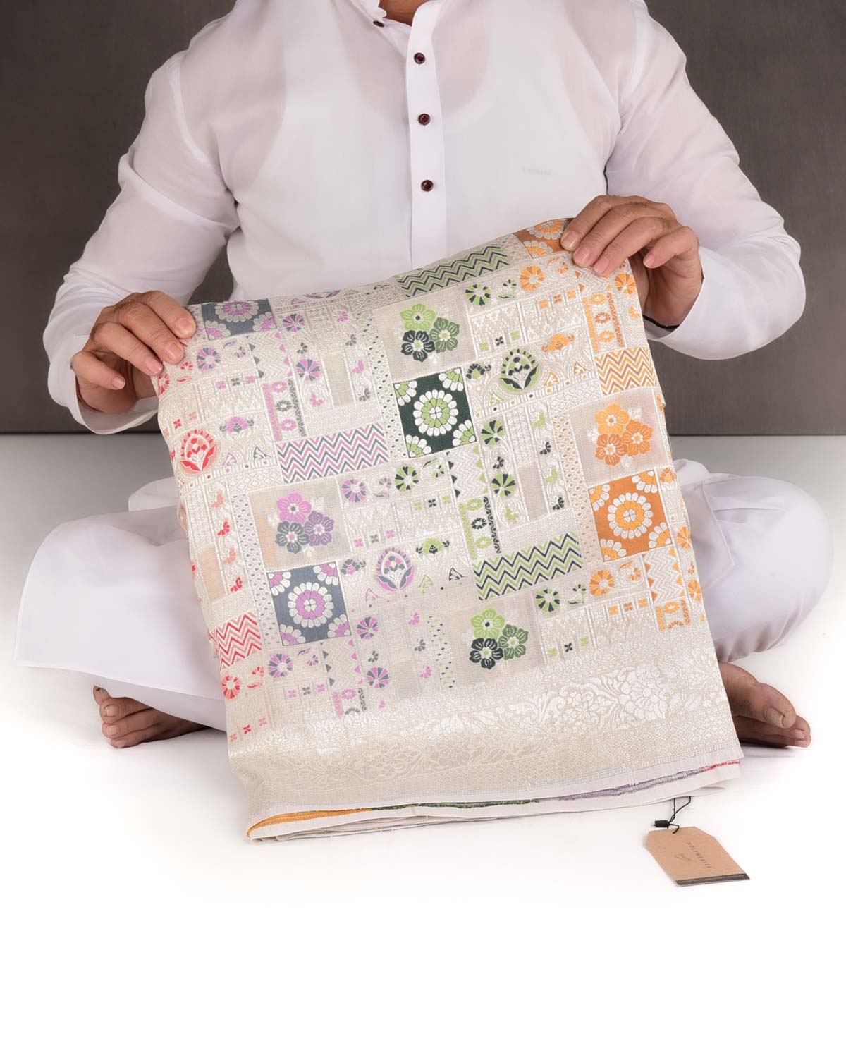 Beige Silver Zari & Resham Grids Cutwork Brocade Handwoven Tasar Georgette Banarasi Saree-HolyWeaves