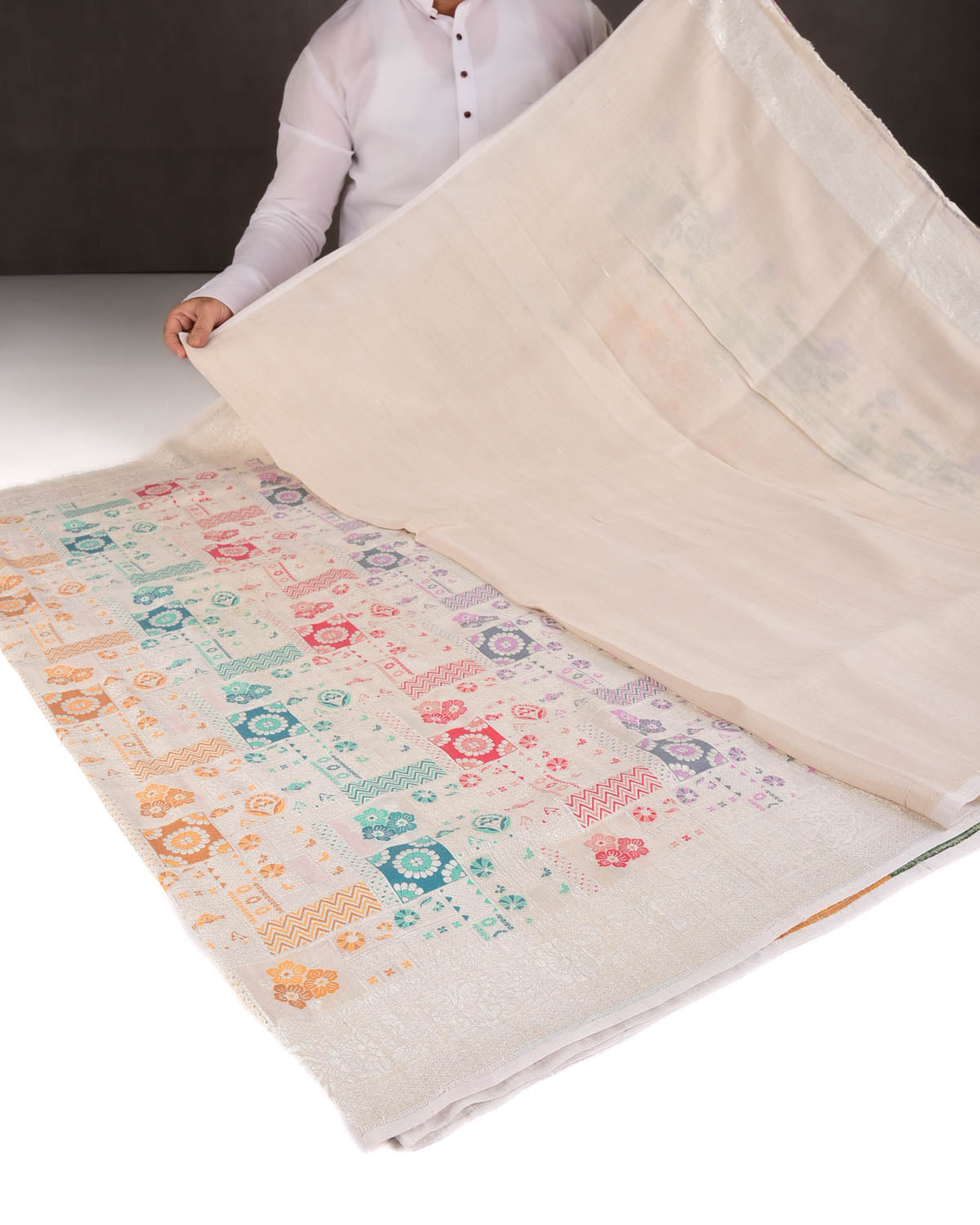 Beige Silver Zari & Resham Grids Cutwork Brocade Handwoven Tasar Georgette Banarasi Saree-HolyWeaves