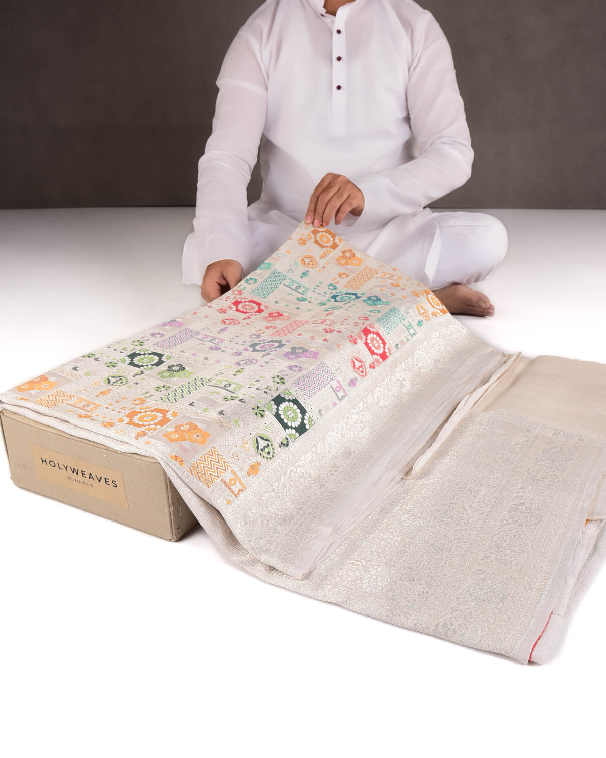 Beige Silver Zari & Resham Grids Cutwork Brocade Handwoven Tasar Georgette Banarasi Saree-HolyWeaves