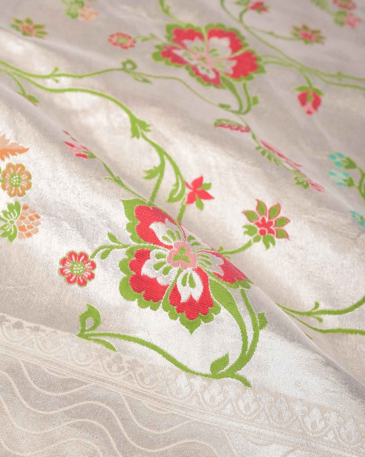 Metallic Silver Silver Zari & Resham Floral Jaal Cutwork Brocade Handwoven Tasar Georgette Tissue Banarasi Saree-HolyWeaves