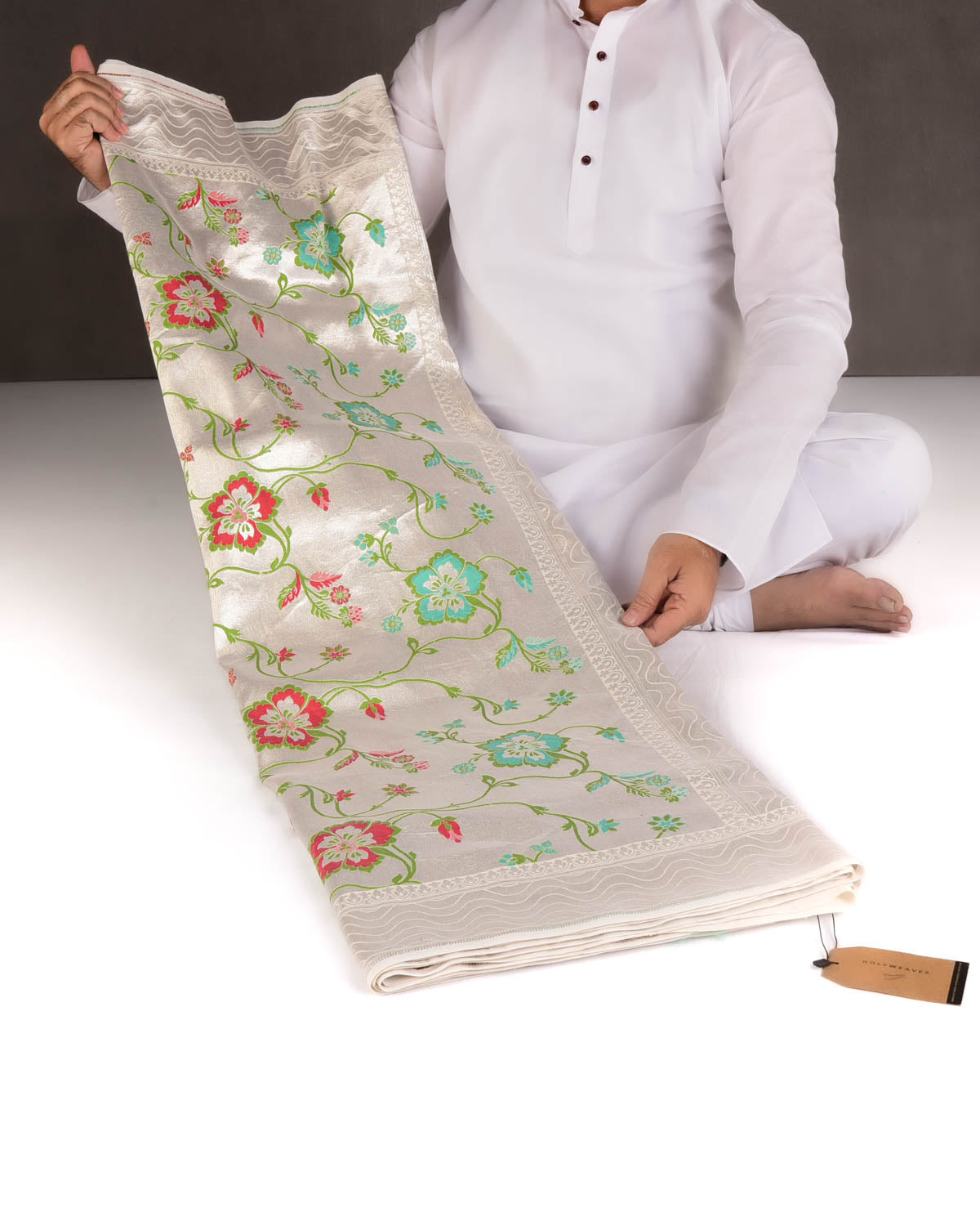 Metallic Silver Silver Zari & Resham Floral Jaal Cutwork Brocade Handwoven Tasar Georgette Tissue Banarasi Saree-HolyWeaves
