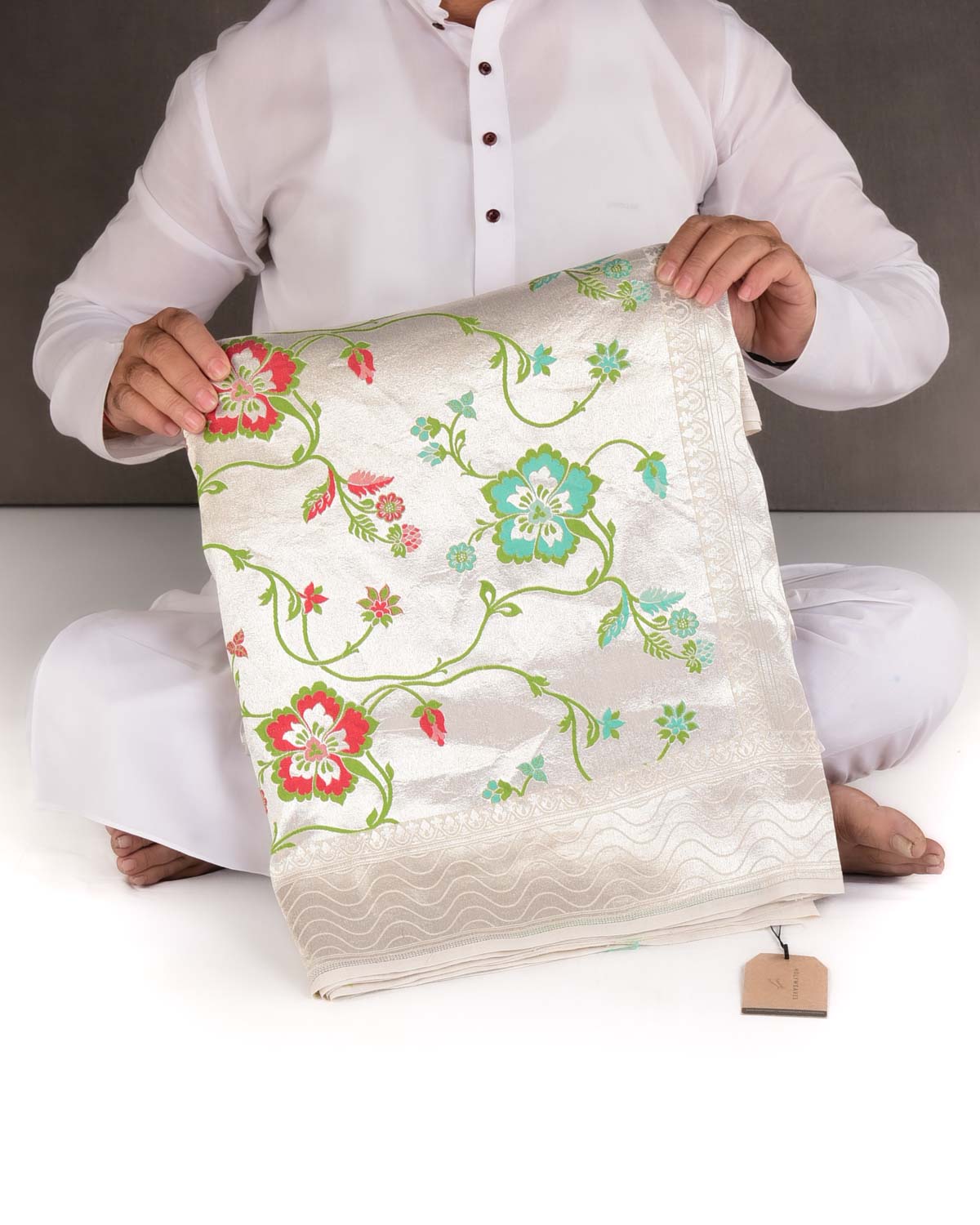 Metallic Silver Silver Zari & Resham Floral Jaal Cutwork Brocade Handwoven Tasar Georgette Tissue Banarasi Saree-HolyWeaves