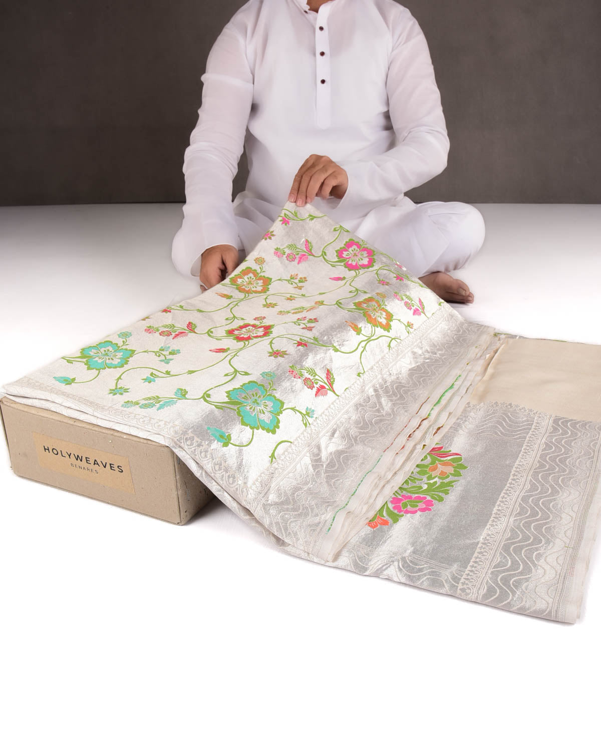 Metallic Silver Silver Zari & Resham Floral Jaal Cutwork Brocade Handwoven Tasar Georgette Tissue Banarasi Saree-HolyWeaves